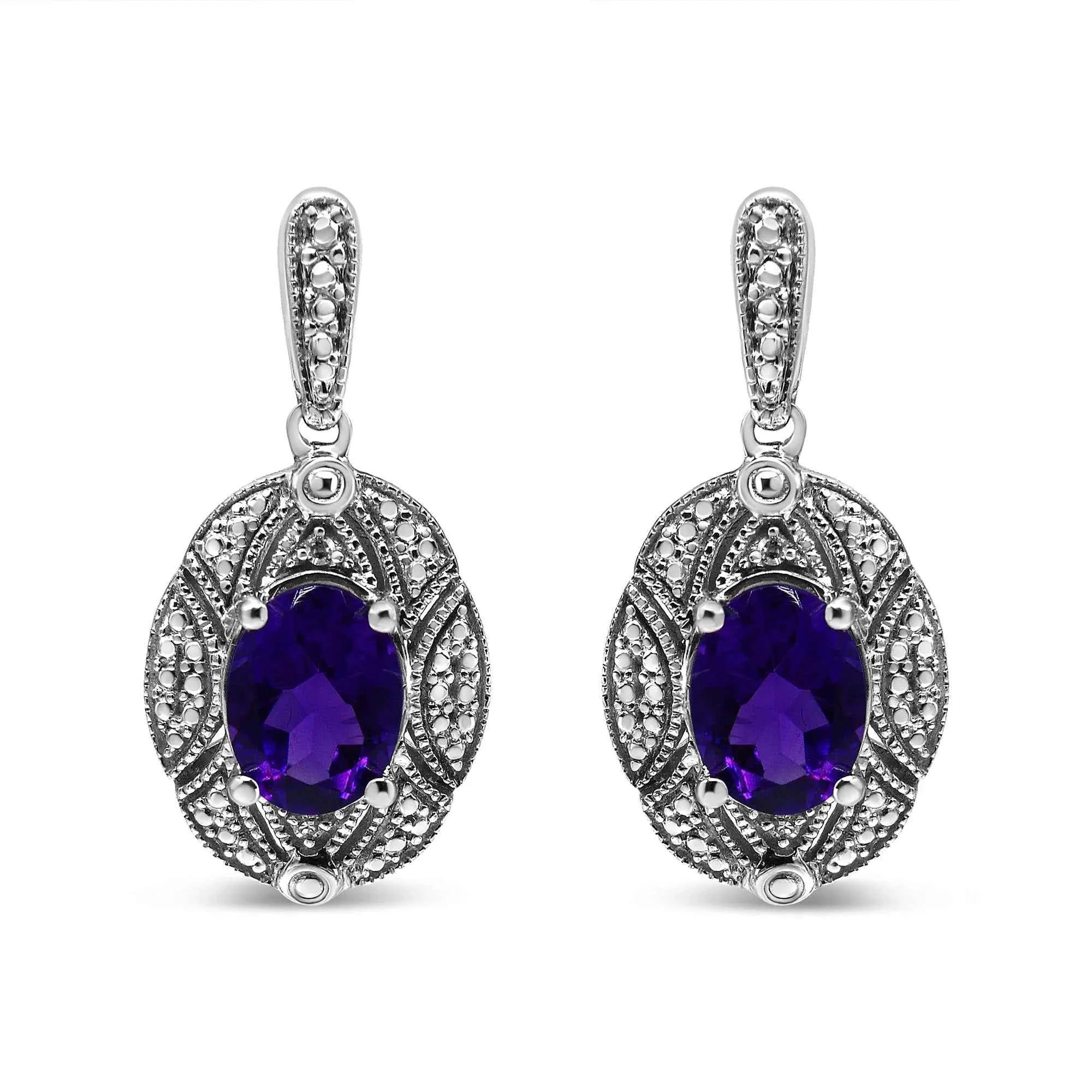 .925 Sterling Silver Diamond Accent and 8x6mm Purple Oval Amethyst Stud Earrings (I-J Color, I1-I2 Clarity)