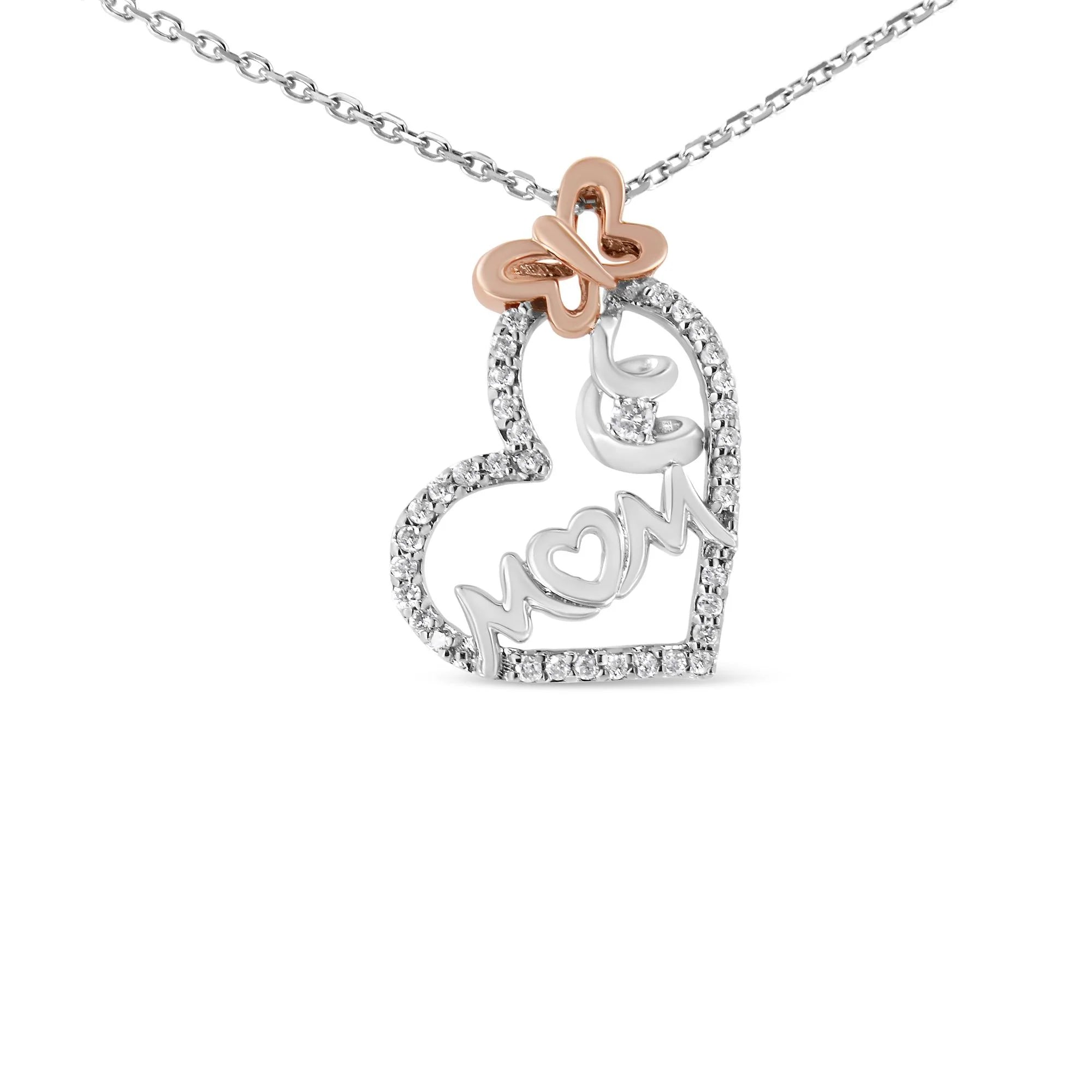 Two Tone .925 Sterling Silver 1/5 cttw Diamond "Mom" and Heart Pendant Necklace (H-I, I1-I2) Default Title