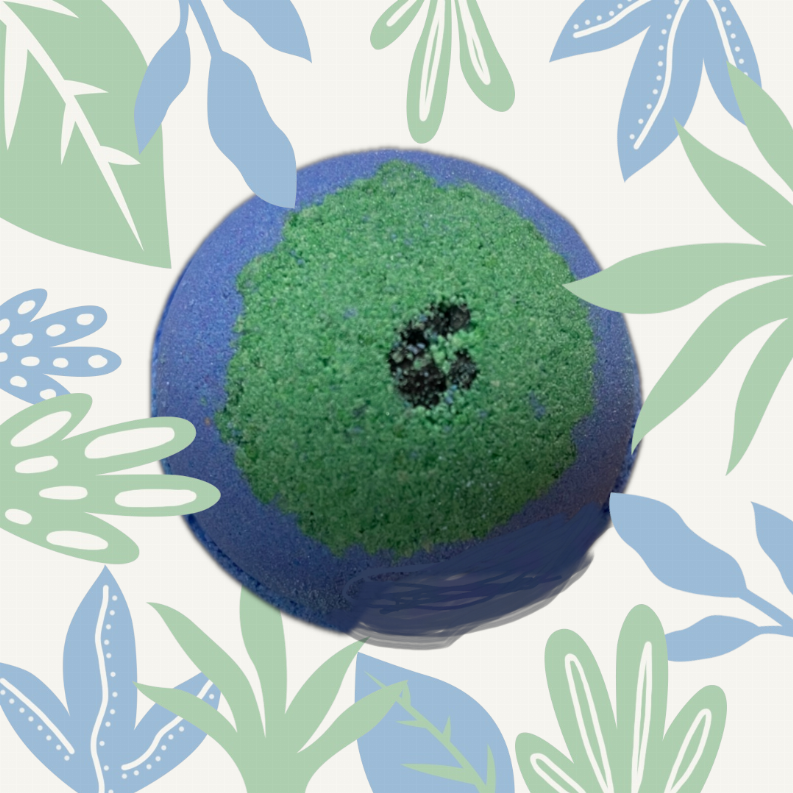 Blue bath bomb with bright green center circle