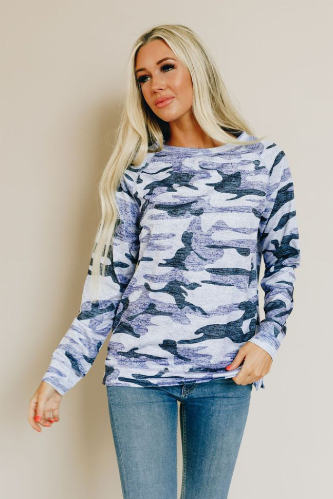 Camo pullover top in blue-and-navy camouflage print, long sleeves, crew neck