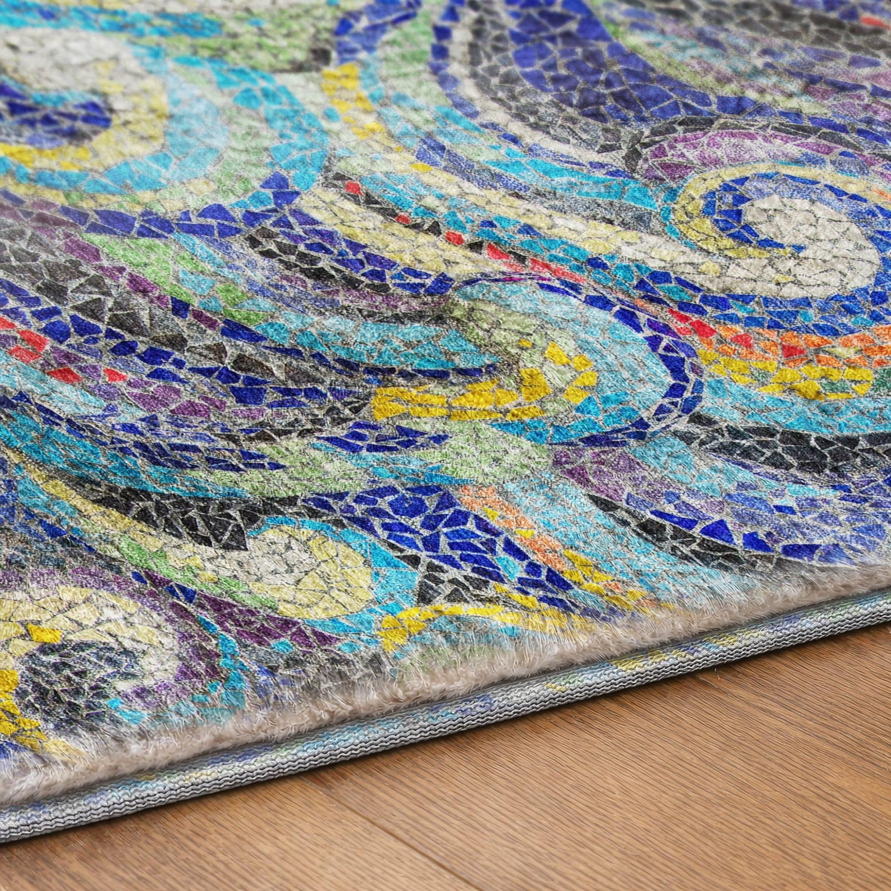 5' X 8' Blue And Red Abstract Shag Washable Area Rug With UV Protection - Home & Garden