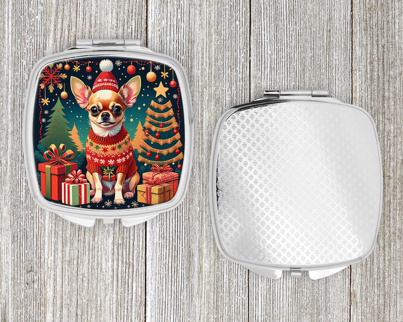 Compact mirror set with Chihuahua Christmas lid, one open and one closed light gray back