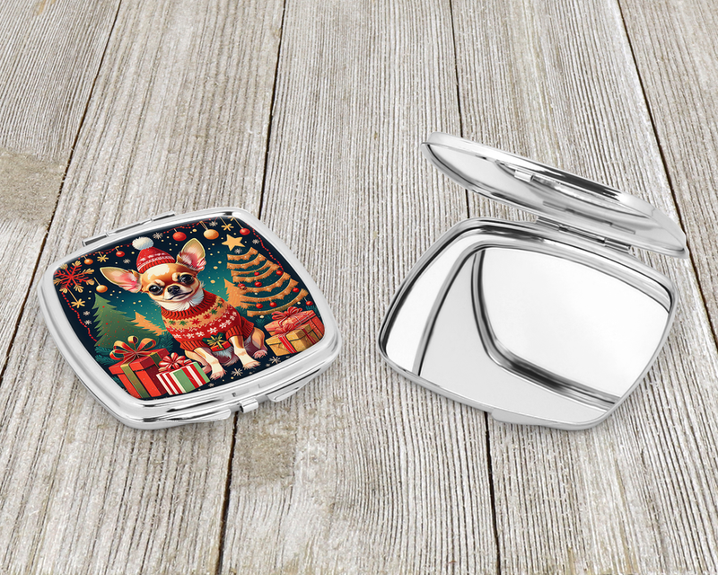 Compact mirror with Chihuahua Christmas lid, open silver backing and closed case