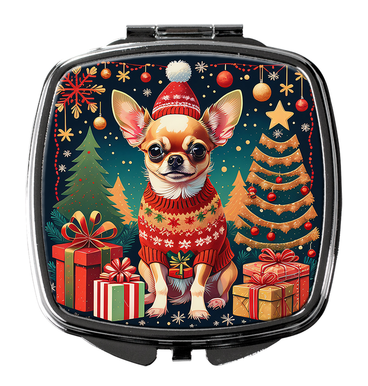 Compact mirror case with Chihuahua Christmas scene, dark blue illustrated lid