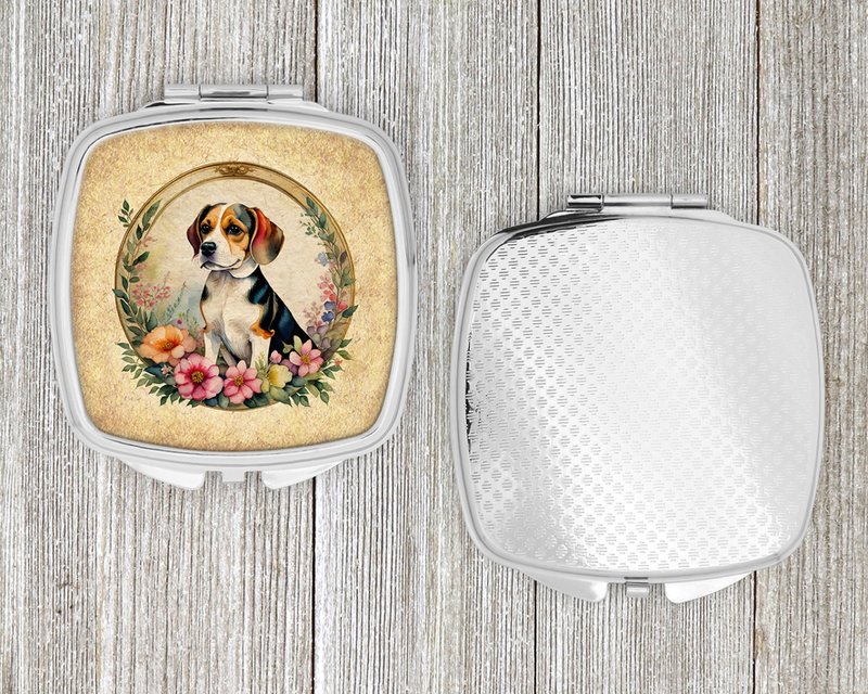 Beagle compact mirror with beagle in floral wreath artwork on the case front