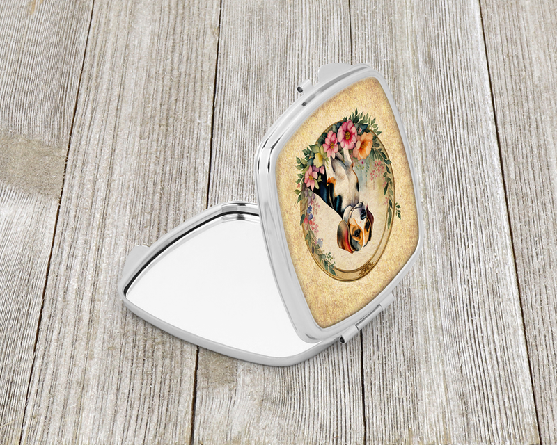 Beagle compact mirror open, featuring beagle in floral wreath art on the front