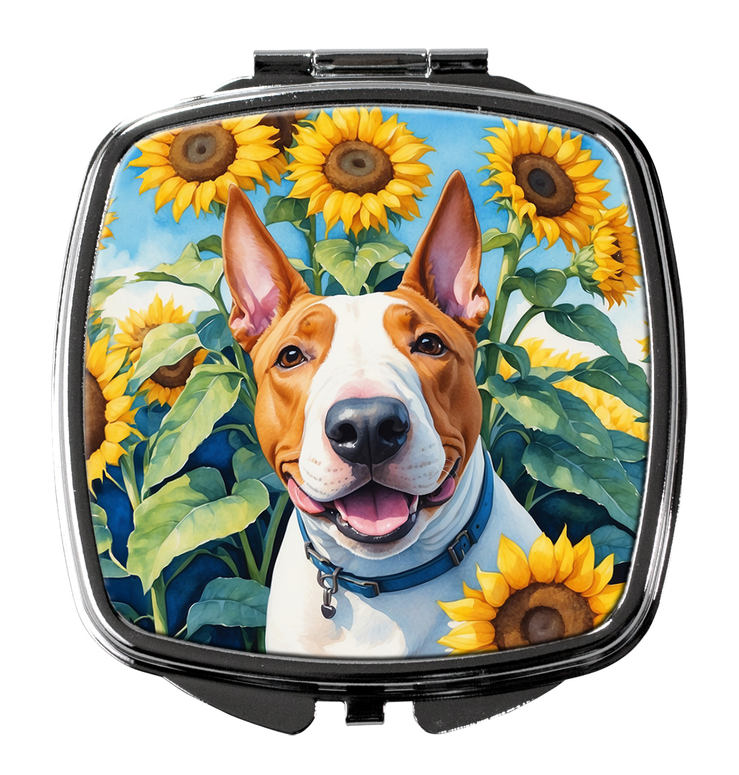 Square compact mirror with black frame and sunflower bull terrier photo on lid
