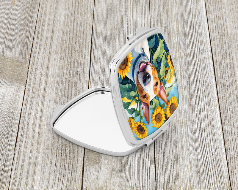 Compact mirror with open lid and sunflower bull terrier photo panel