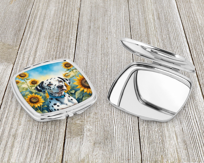 Silver compact mirror case with sunflower dalmatian design, open and closed