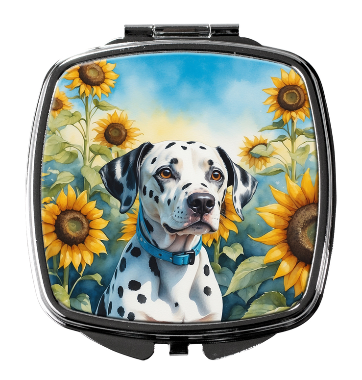 Square silver compact mirror with sunflower dalmatian artwork on the lid