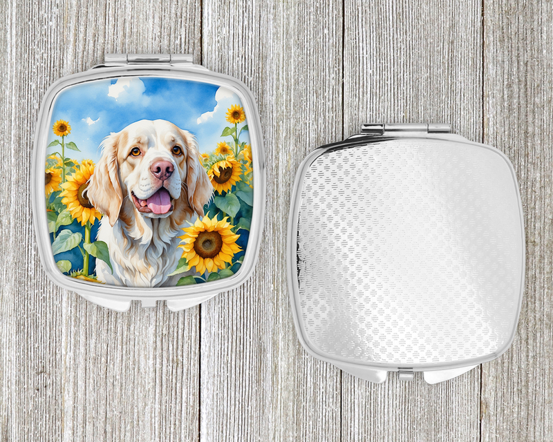 Silver compact mirror with sunflower Clumber spaniel lid, closed back texture panel