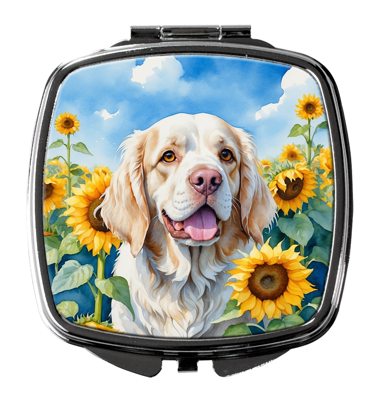 Silver compact mirror with Clumber spaniel portrait in sunflowers, closed front