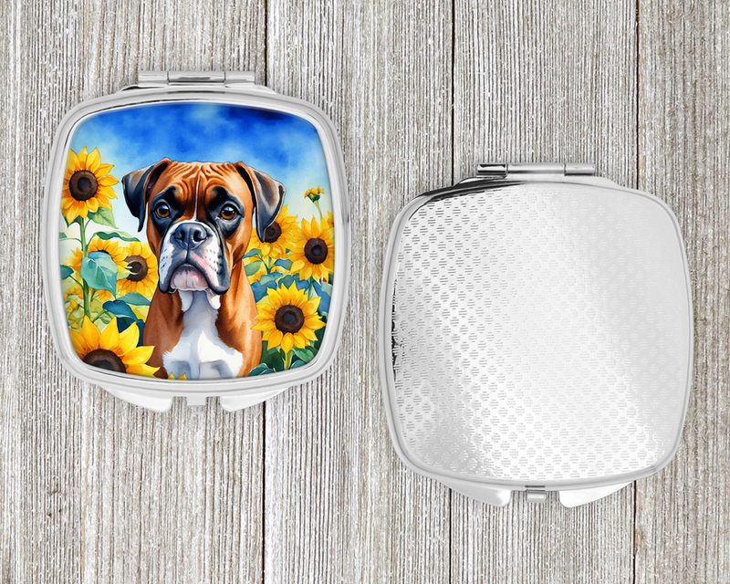Compact mirror with brown boxer sunflower artwork on front and textured silver back.