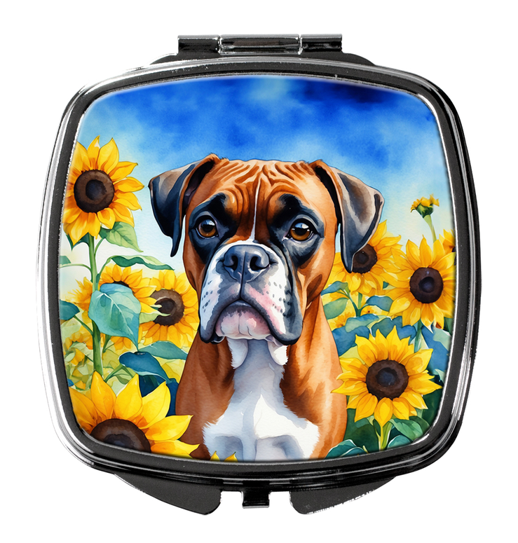 Compact mirror with brown boxer illustration in sunflower garden, silver hinged case.