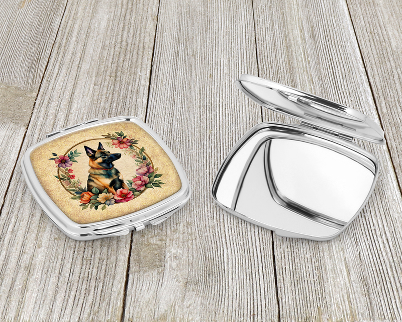 Silver compact mirror with Belgian Malinois illustration on warm floral wreath background