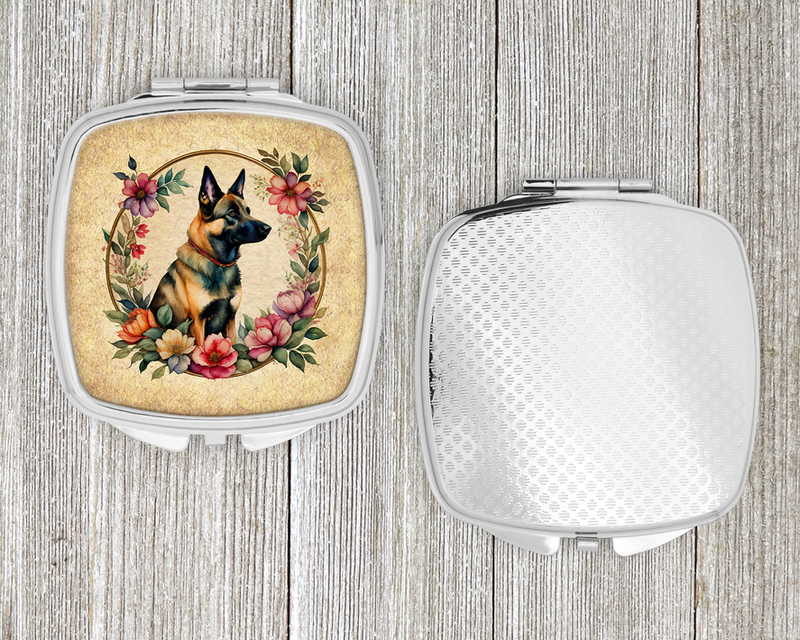 Round compact mirror case with Belgian Malinois and floral wreath design, open