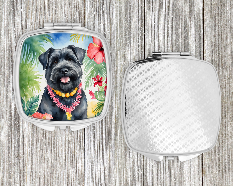 Compact mirror with Bouvier dog print and textured silver back, hinged open