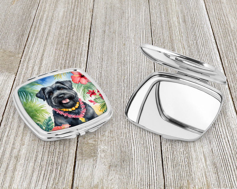 Silver compact mirror with Bouvier floral print, open lid view on case