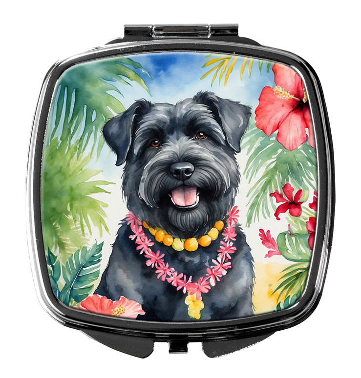 Square silver compact mirror with Bouvier dog artwork and floral border, closed