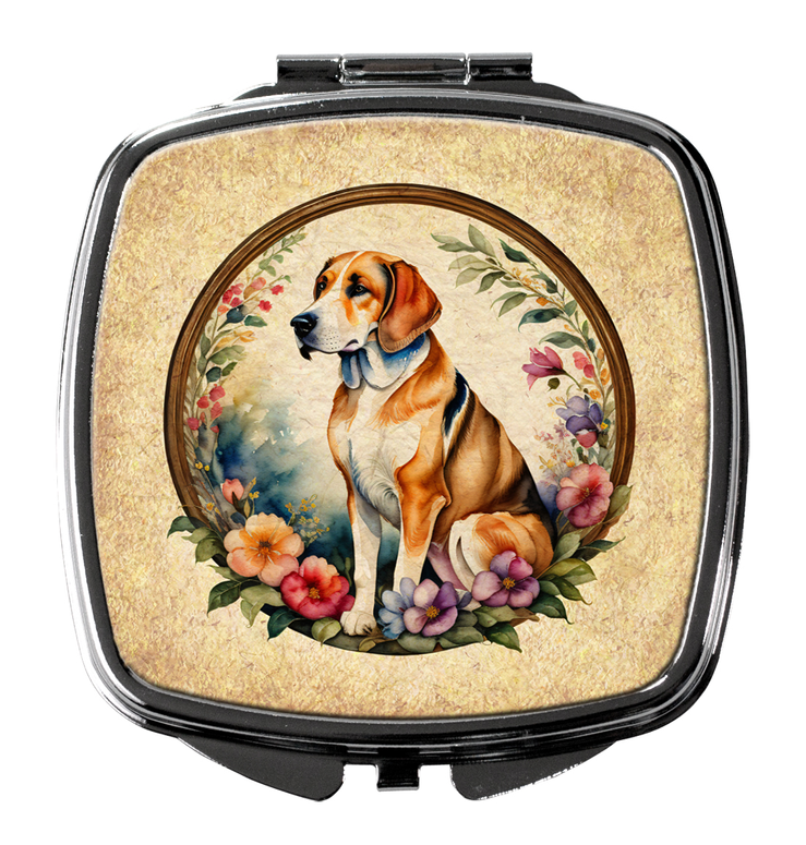 Square compact mirror with black rim and beagle illustration surrounded by flowers