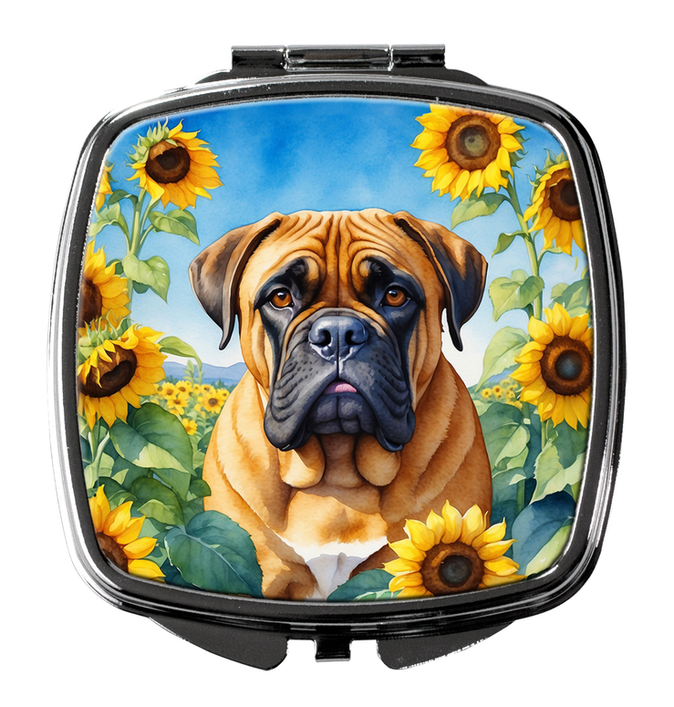 Bullmastiff compact mirror with closed lid showing sunflower dog portrait on blue