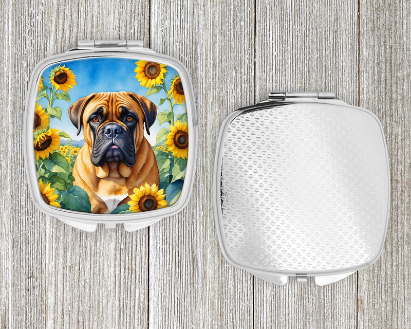 Compact mirror set: Bullmastiff sunflower lid on left, textured white back on right