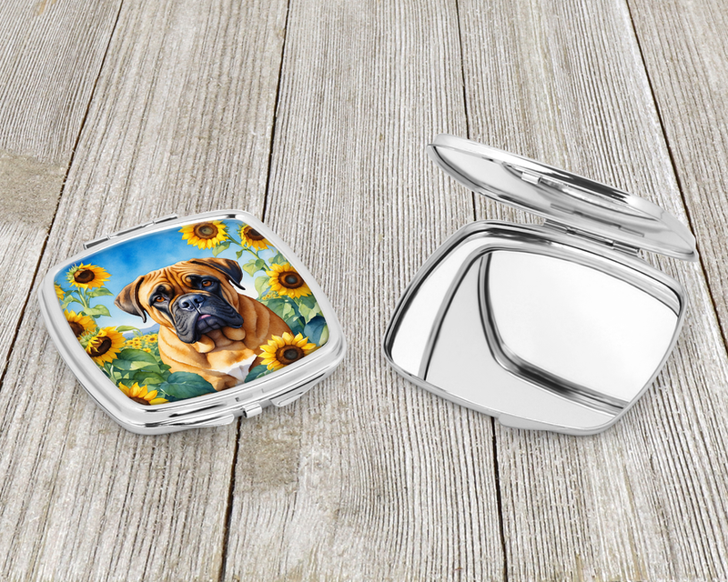 Bullmastiff compact mirror open with sunflower dog graphic and silver inner backing
