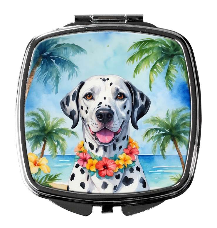 Square compact mirror with black-and-white dalmatian wearing a flower lei in a tropical background