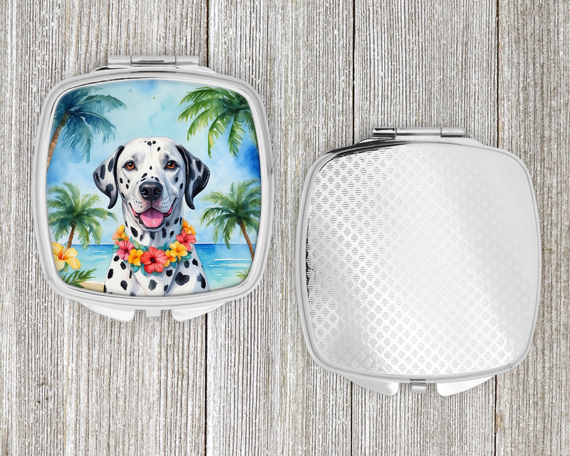 White compact mirror with tropical dalmatian print, open lid and textured closed back