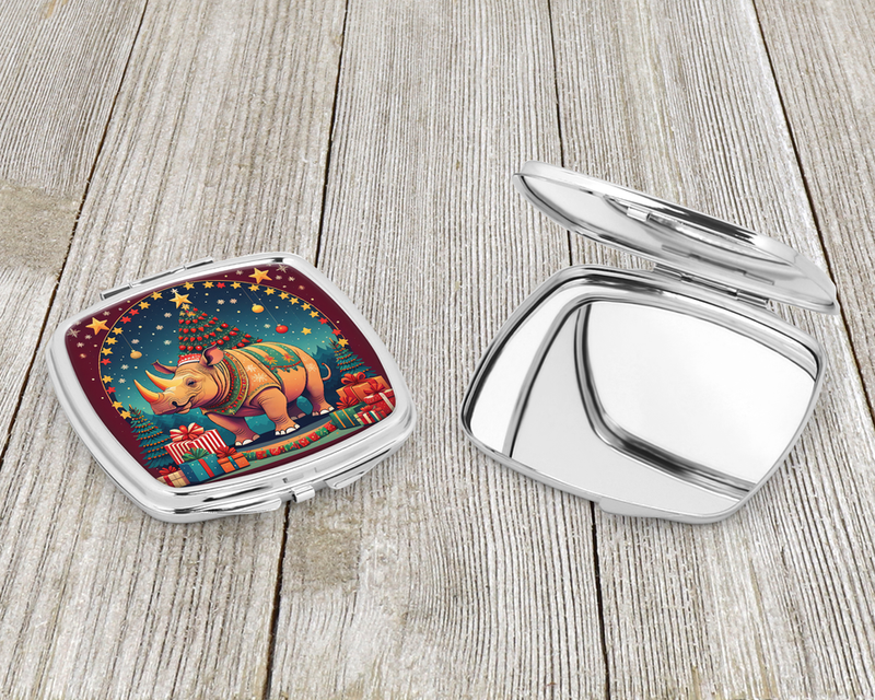 Rhinoceros Christmas compact mirror open, showing silver back and rhino side graphic