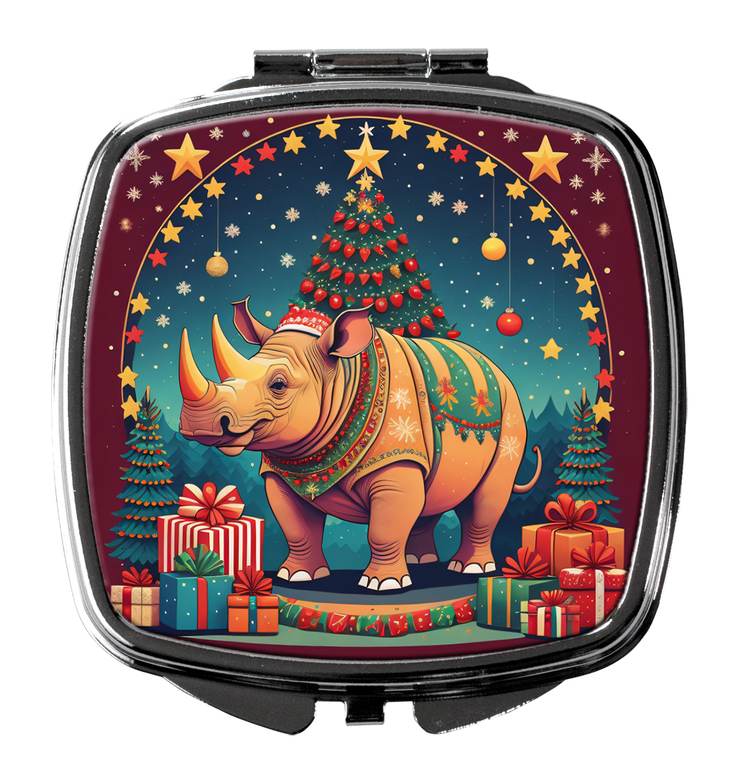 Silver compact mirror with domed lid featuring festive rhino Christmas artwork and stars