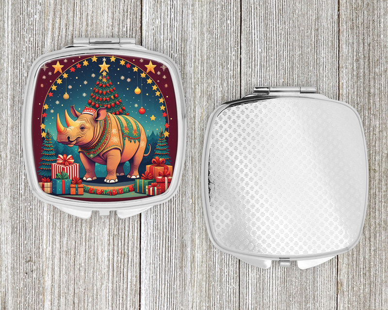Compact mirror with silver lid, festive rhino Christmas scene, and textured back panel