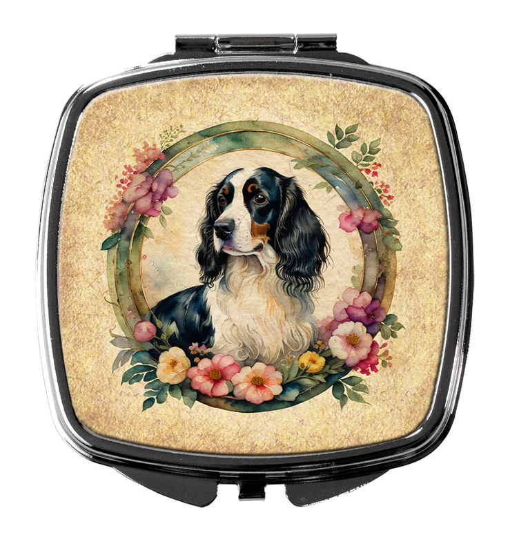 Silver compact mirror front with central English Springer dog in floral wreath