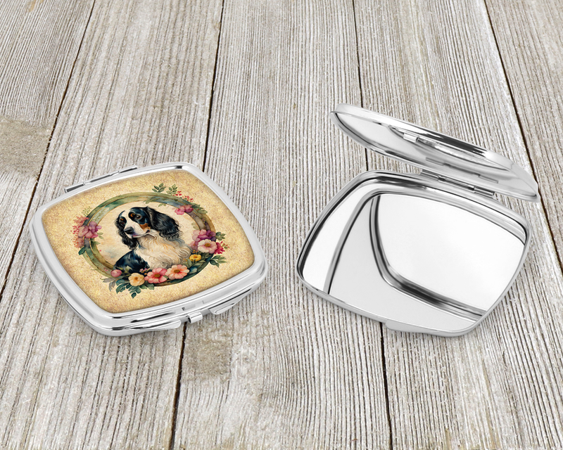 Silver compact mirror set with one open and one closed, dog and flowers on front