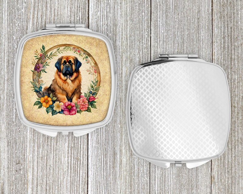 Silver compact mirror pair, open lid and closed back, Tibetan mastiff floral frame