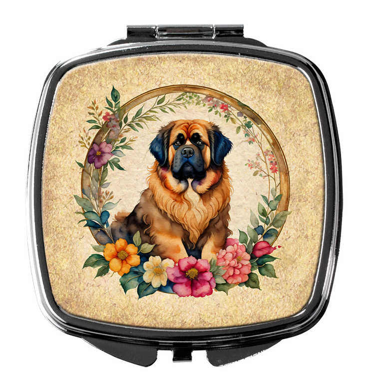 Square compact mirror with flower wreath design and Tibetan mastiff portrait