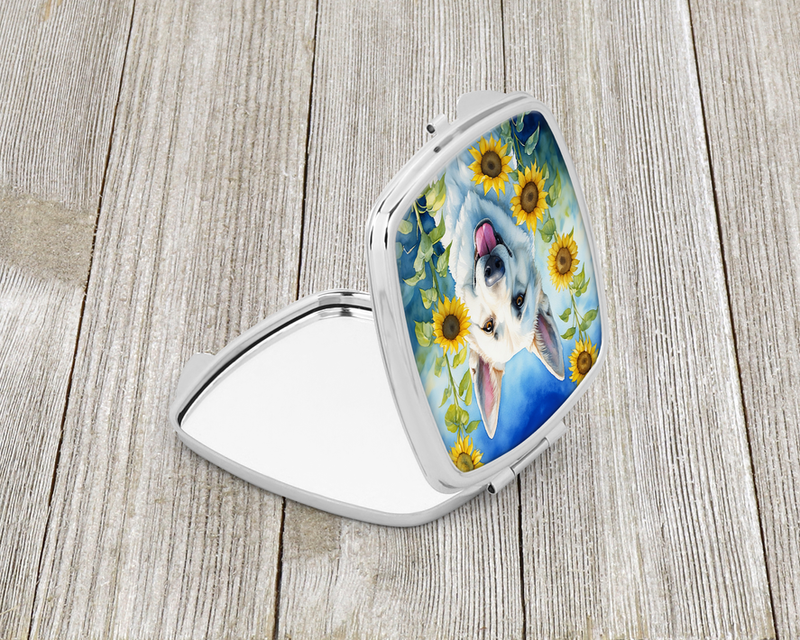 White compact mirror open with blue dog and sunflower floral artwork