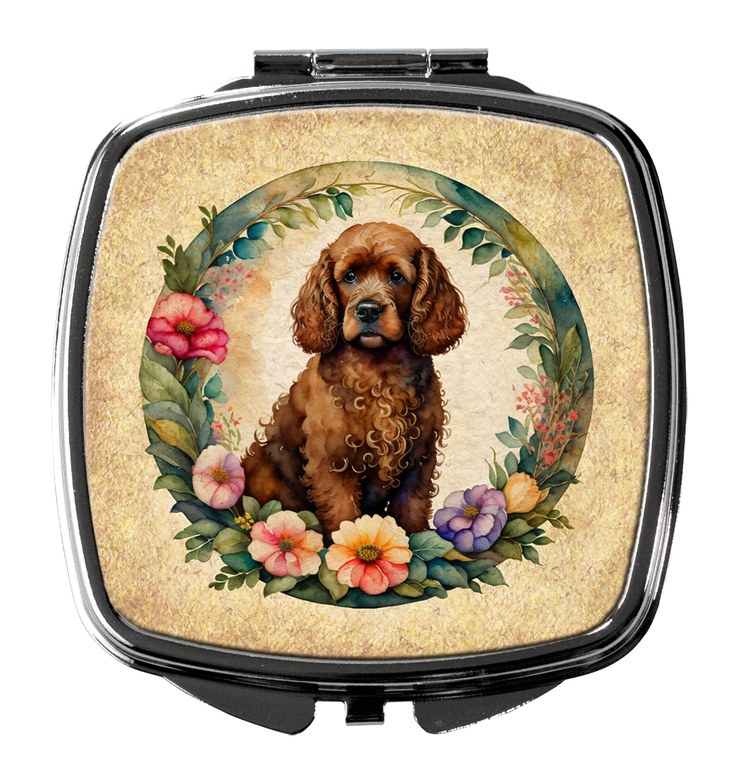 Silver compact mirror with Irish water spaniel portrait in floral wreath