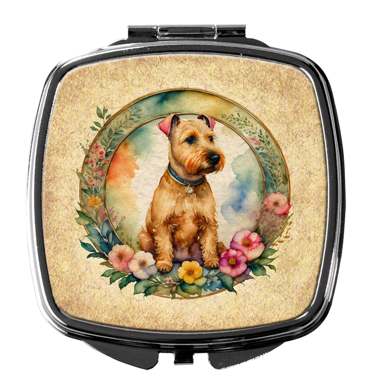 Square compact mirror with terrier portrait in oval frame surrounded by flowers