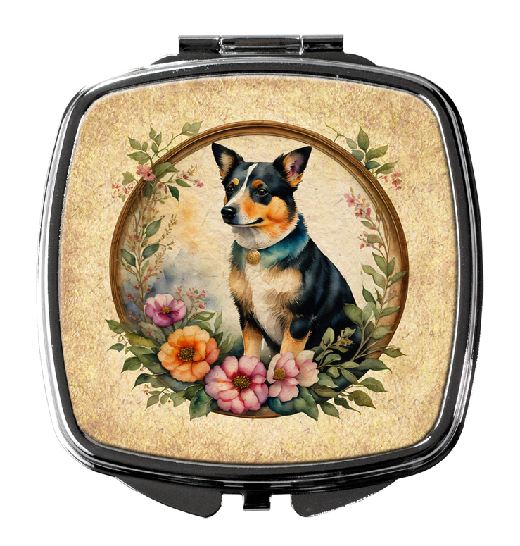 Silver hinged compact mirror with centered dog portrait and floral border