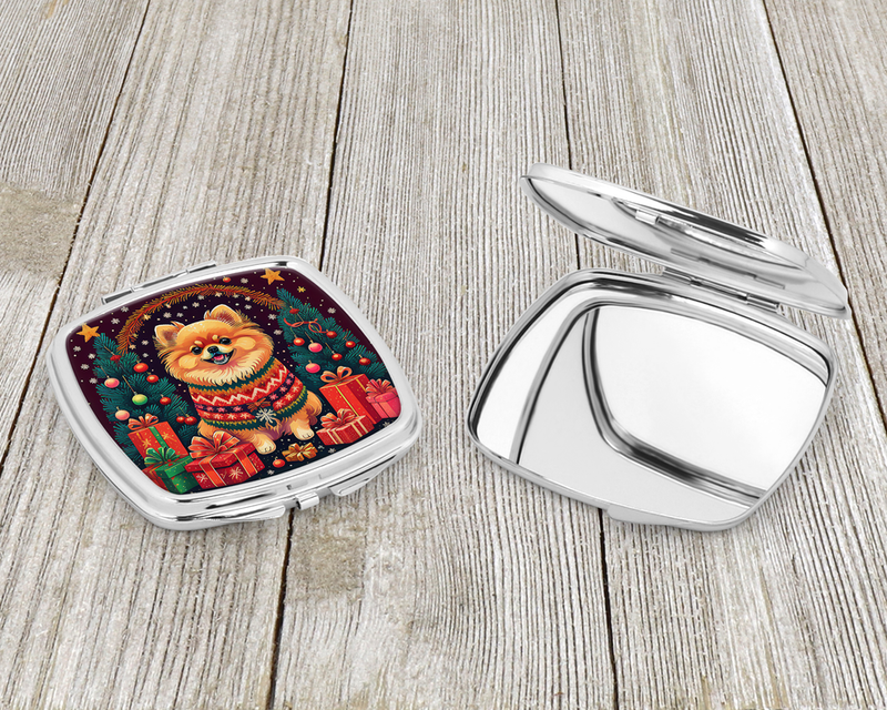 Silver compact mirror set: one closed case and one open lid with pomeranian art