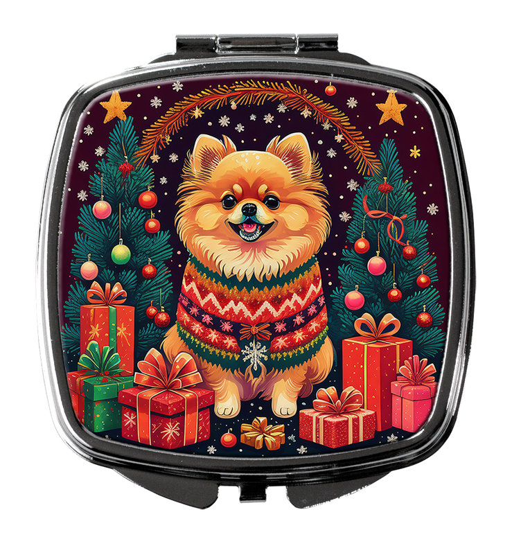 Purple compact mirror with pomeranian Christmas dog artwork and gift decorations