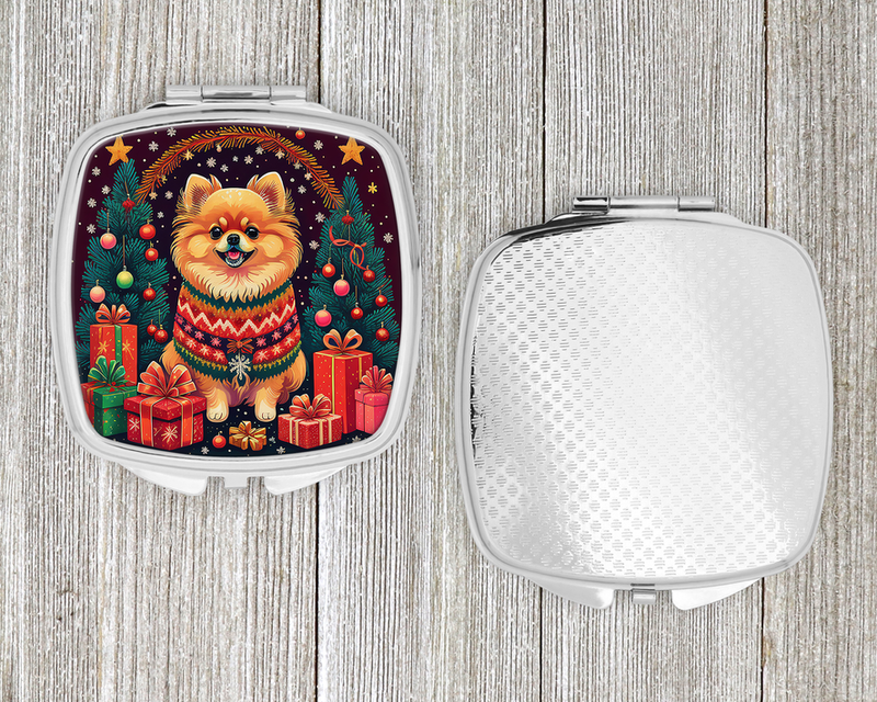 Silver compact mirror open and closed sides with pomeranian Christmas artwork