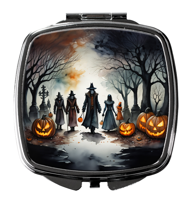 Spooky Halloween compact mirror, silver-framed lid with silhouettes, jack-o'-lanterns, and black cat