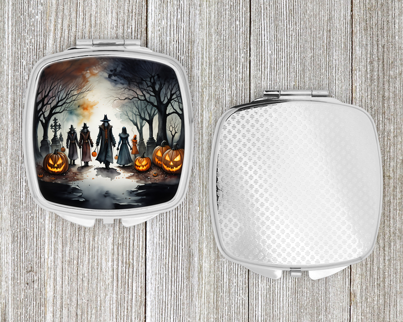 Spooky Halloween compact mirror, silver hinged case with textured white back and night scene