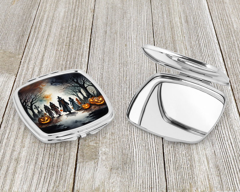 Spooky Halloween compact mirror with silver hinged case, open mirror and closed lid
