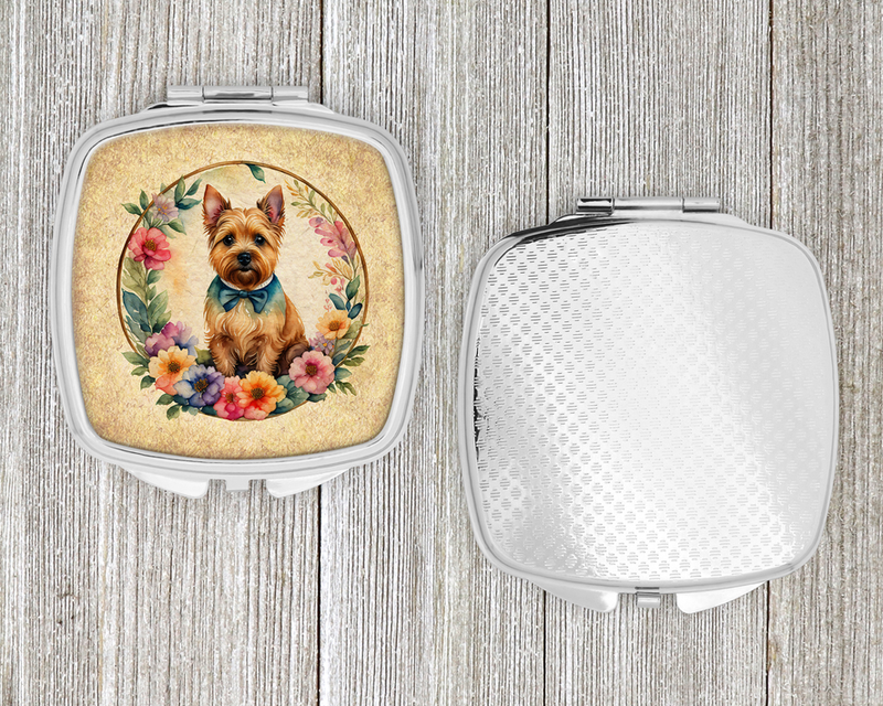 Silver compact mirror set with front lid showing terrier portrait in floral wreath