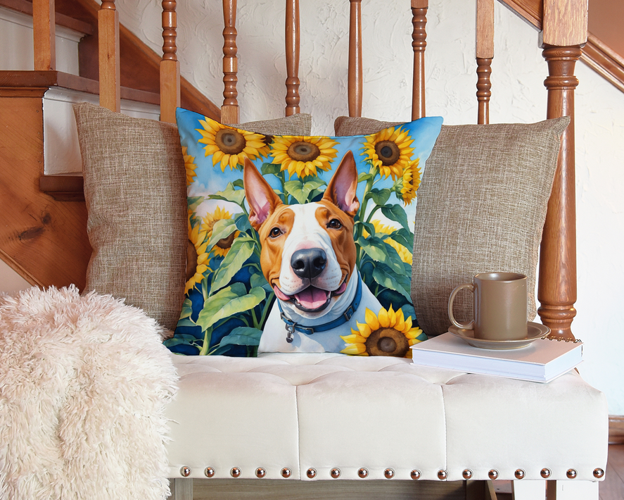 Dog-themed throw pillow with fox terrier portrait and sunflowers on blue fabric