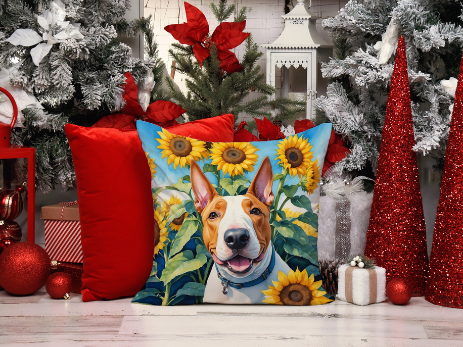 Fox terrier sunflower throw pillow on holiday table between red and white decor