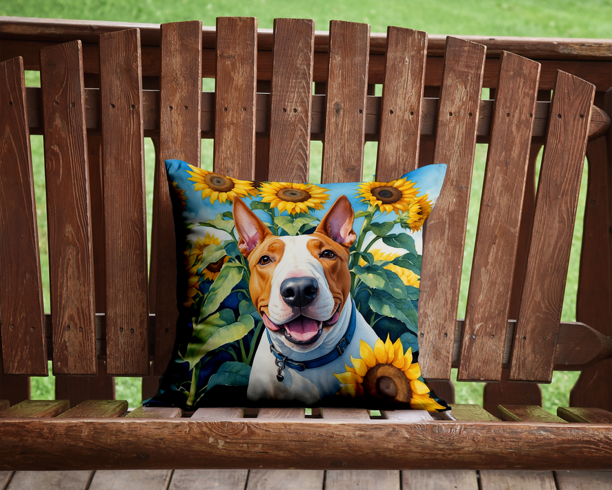 Fox terrier sunflower throw pillow on outdoor wooden bench with blue sky background